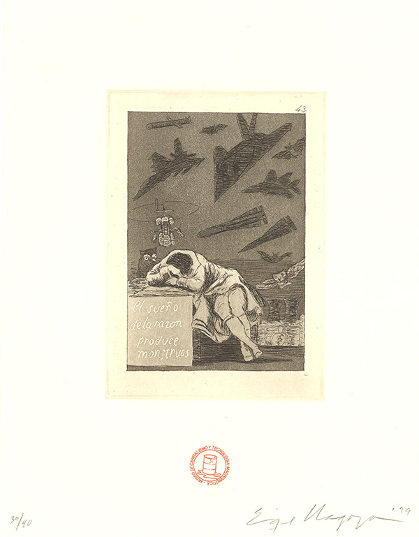 A black and white print of a seated man with his head rested on his arms on a desk, behind him are owl, planes and missiles