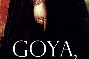 a detail of a painting of a right hand with the index finger pointing down, below that the word GOYA