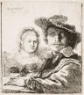A black and white print of a woman sitting at a table across from a man in a wide-brimmed hat who holds a drawing instrument in his left hand