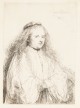 A black and white print of a woman with hair flowing over her shoulders, wearing a robe with long loose sleeves that almost cover her folded hands