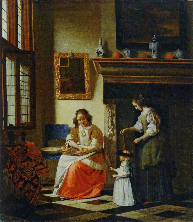 In a bright room decorated with ceramic vessels and a landscape painting, a woman assists a child learning to walk by pulling up two ribbons attached to the child’s dress. The child walks towards a seated woman holding out a piece of fruit
