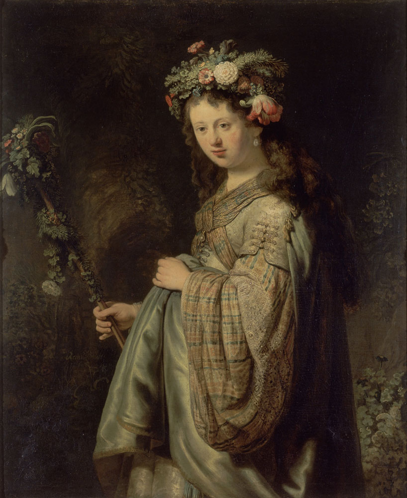 A painting of young woman with long hair wearing a green satin dress and a crown made of flowers