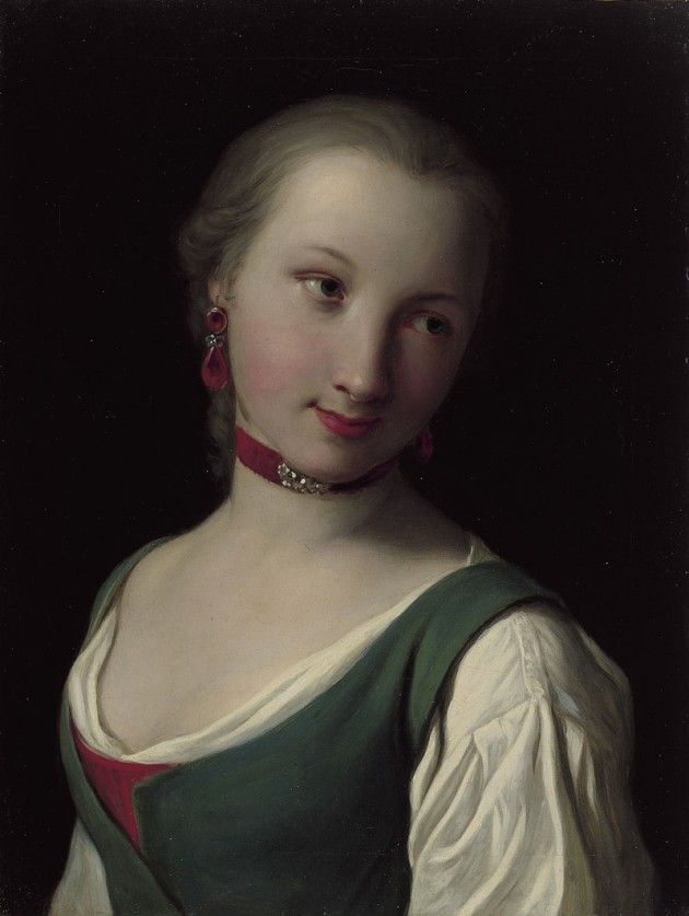 Portrait of a Woman with Green Vest, White Blouse and Red Choker