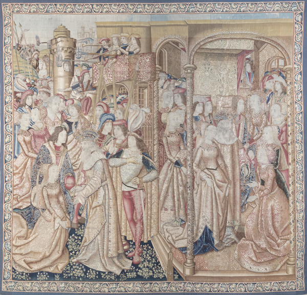 Large wool and silm tapestry depicting the Prince Paris and Helen arriving at the court of King Priam of Troy