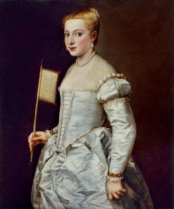 Titian's c. 1561 portrait of a young woman in a white silk dress, holding a small fan