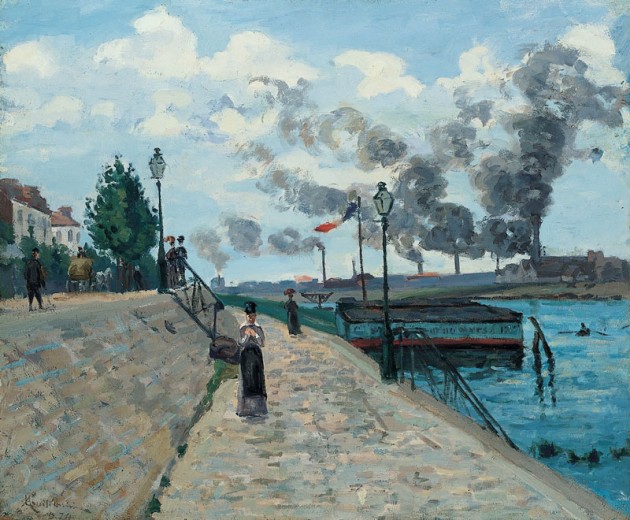 Guillaumin's 1874 oil painting of people walking near the Seine river, with billowing smokestacks in the distance