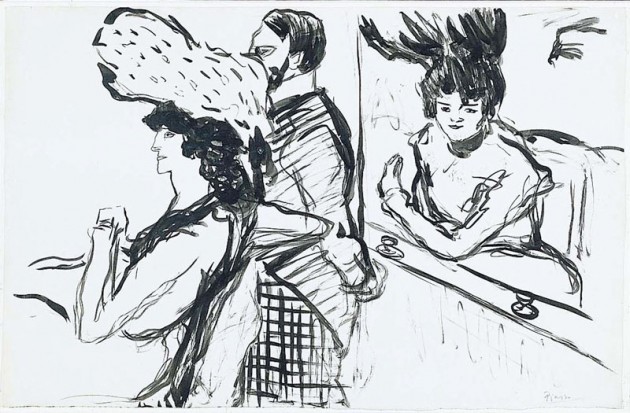 Picasso's 1901 ink drawing of two women and a man in the audience of the Moulin Rouge nightclub