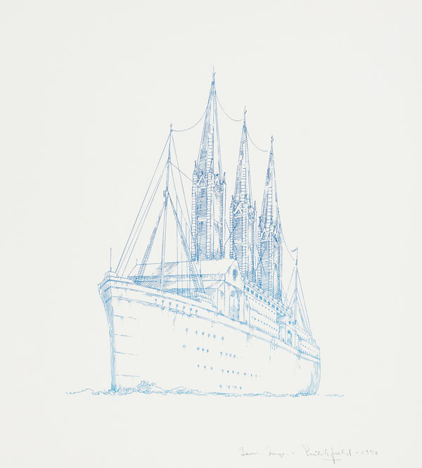 Crutchfield's 1970 lithograph of a ship with a cathedral on its deck