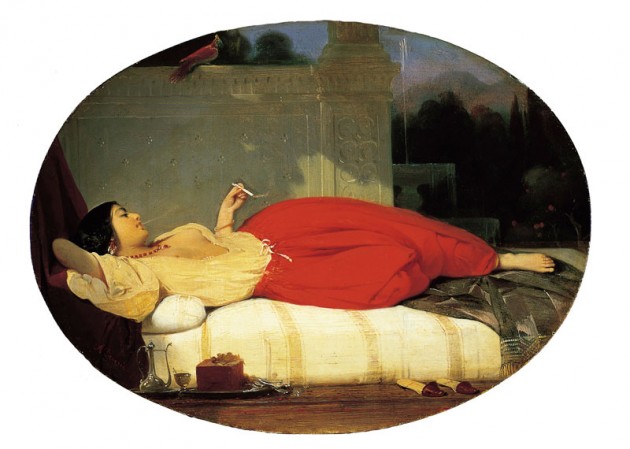 Oval shaped protrait by Deveria from c. 1830 with woman in bright red pants lying on a chaise smoking a cigarette