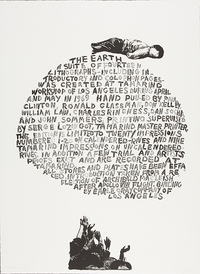 Lithograph showing a body laying on top of a mound of text with hands reaching towards the text underneath