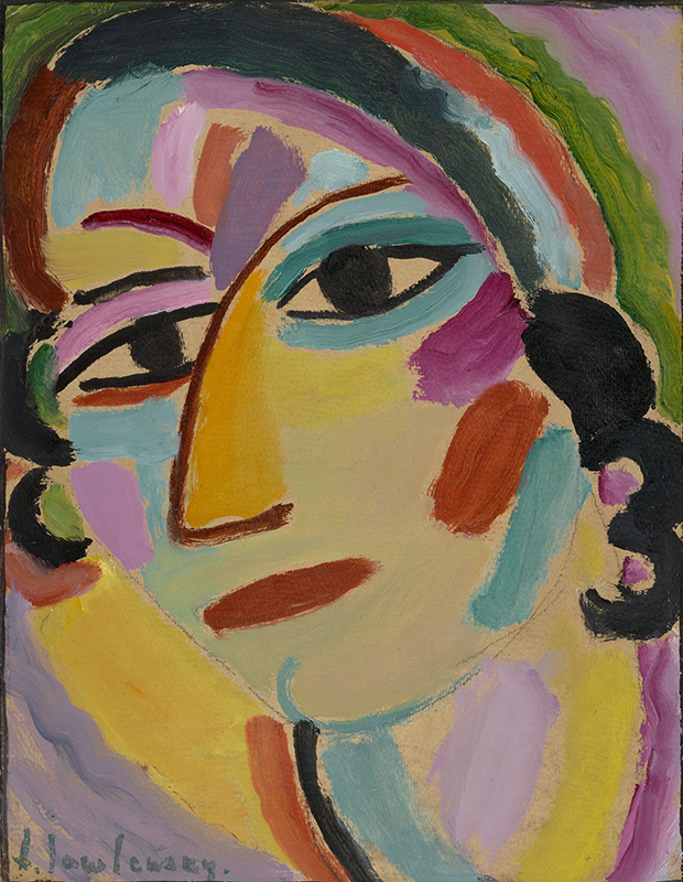An abstract head and neck accented with thick brushstrokes of saturated colors 