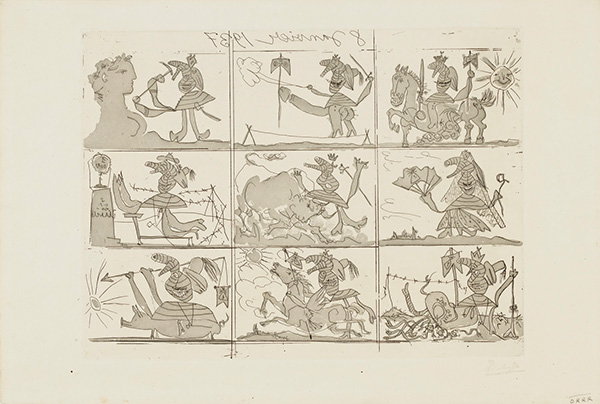 A black and white print of a series of nine boxes with different scenes of an abstract figure on different journeys 