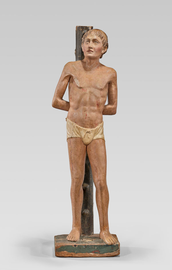 Painted wood sculpture of a saint, from North Italy in the late 16th century
