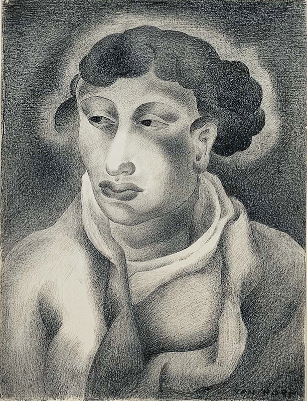 A black and white drawing of a woman with short wavy dark hair, thin eyebrows and full lips