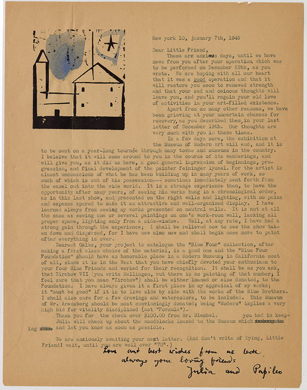 A typed letter with a mixed media abstract print in the top left corner of a black church and a star with a wash of blue for the sky and the star circled in blue