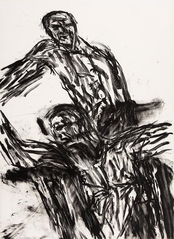 An abstract print of two figures, one behind the other, shown from the waist up, using vigorous black brushstrokes