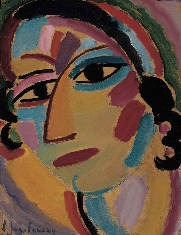 An abstract head and neck accented with thick brushstrokes of saturated colors 
