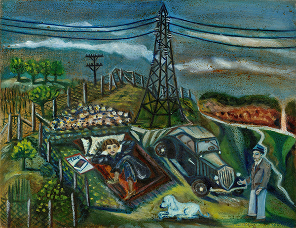 A woman lies on top of a blank next to a car with a white dog laying in front of her, while a man stands with his hands open gesturing towards her. They both are outside in a field with fencing and a large electrical tower