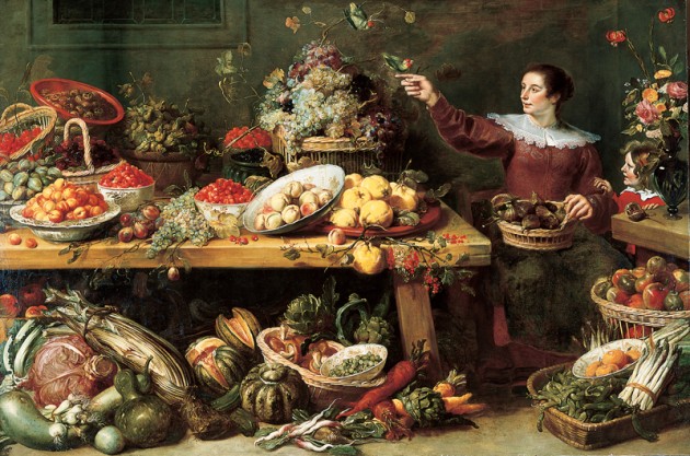 Snyders' large painting of a woman and child next to a table full of fruits and vegetables