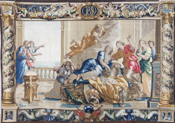 Large wool and silk tapestry of the Death of Dido scene