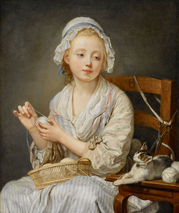 In this painting by Jean-Baptiste Greuze, a young wool winder carries on with her work despite the distraction and entreaties of a nearby cat. 