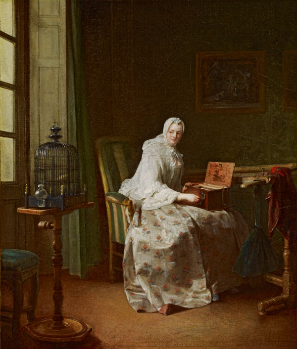 In this quiet interior, Chardin probably employed as his model his second wife, Françoise-Marguerite Pouget, as a typical bourgeois lady who stops her embroidery to teach a caged bird specific melodies using a hand-cranked organ.