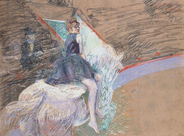 Toulouse-Lautrec's pastel and drained oil composition of a woman riding a white horse in an arena