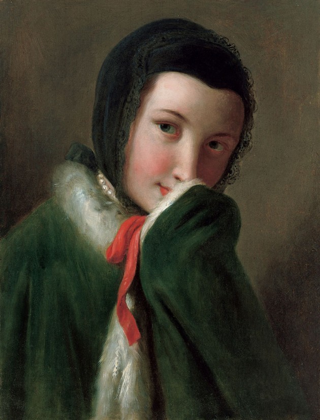  Portrait of a Woman with Black Lace Scarf, Green Coat with White Fur