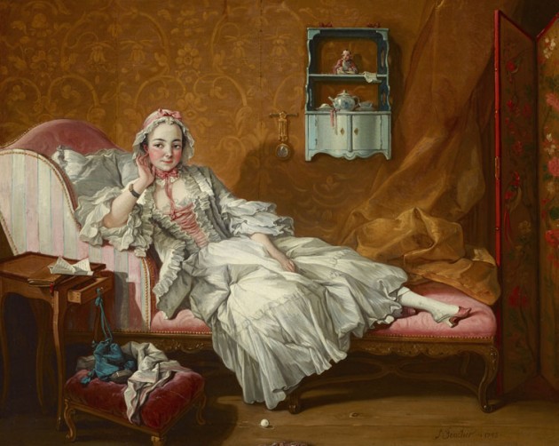 Boucher's painting of a woman of some status reclining in a pink-and-white taffeta dress and matching mules, one of them extending saucily from beneath her gown. She is surrounded by an array of linens, a wayward ball of yarn, a lacquered screen, an opened letter, and a variety of objects that sit on the little cupboard against the brocade wall. 