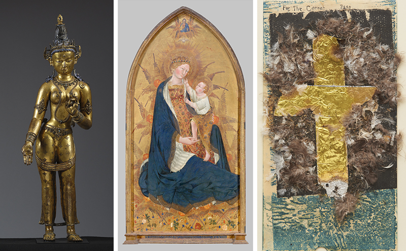 Three images in a row showing left to right: A gilt copper sculpture of the Buddhist goddess Tara with a blue bun wearing a tiara and jewelry stands with one palm outward by her side. Her other hand is raised middle finger touching thumb; The Virgin Mary seated wearing a crown and a blue robe holds baby Jesus in her lap who steps onto her hand and reaches towards her face, against a gold background; a gold-foiled cross laid on top of printed green and brown paper with brown feathers surrounding the cross