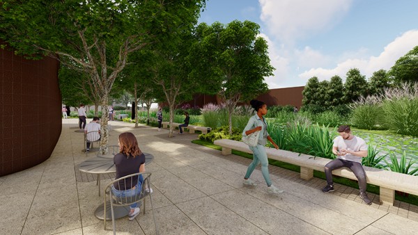 A rendering of an outdoor garden with figures sittings on tables and benches and walking along a paved path surrounded by green foliage.