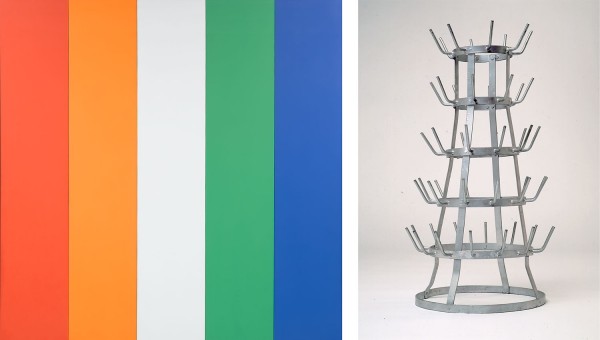 Ellsworth Kelly (American, 1923–2015), Red Orange White Green Blue, 1968, oil on canvas, Norton Simon Museum, Museum Purchase, Fellows Acquisition Fund, © Ellsworth Kelly Foundation; Marcel Duchamp (French, 1887–1968), Bottle Dryer (Bottlerack), 1963 (replica of 1914 original), readymade bottle-dryer of galvanized iron, Norton Simon Museum, Gift of Mr. Irving Blum, in memory of the Artist, © Association Marcel Duchamp / ADAGP, Paris / Artists Rights Society (ARS), New York 2023 Ellsworth Kelly five-panel painting in red orange white green and blue; Marcel Duchamp sculpture of a galvanized iron bottle dryer