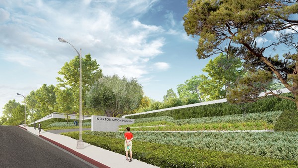 Image rendering of the driveway and entrance of the museum, with landscaped walkways and figures along the sidewalk