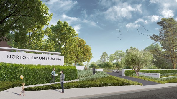 Image rendering of the driveway and entrance of the museum, with landscaped walkways and figures along the path