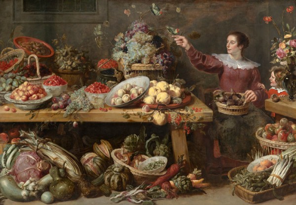 A nearly lifesize painting of a woman, child and an abundance of produce on a wooden talb.e
