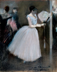 Forain's pastel of an elegant woman in white, holding a fan