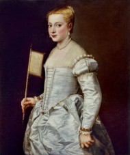 Portrait of a young woman with blond hair wearing a white silk dress and holding a fan