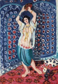 Matisse's painting of a young woman with dark hair holding a tambourine above her head