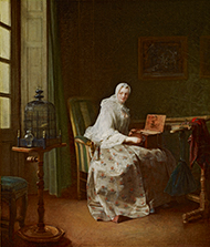 Chardin's c. 1753 genre painting of a woman teaching a caged bird to sing a tune