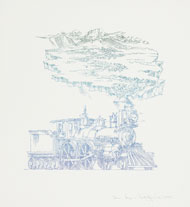 The twelfth print in William Crutchfield's AIR LAND SEA series, depicting a train with a valley scene in place of its steam. 