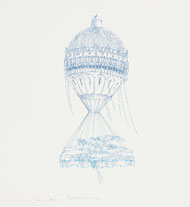 The seventh print in William Crutchfield's AIR LAND SEA series, depicting a fanciful hot air balloon with Fiji island in place of a basket. 