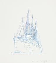 The eighth print in William Crutchfield's AIR LAND SEA series, depicting a steam ship with Gothic spires in place of its steam funnels. 